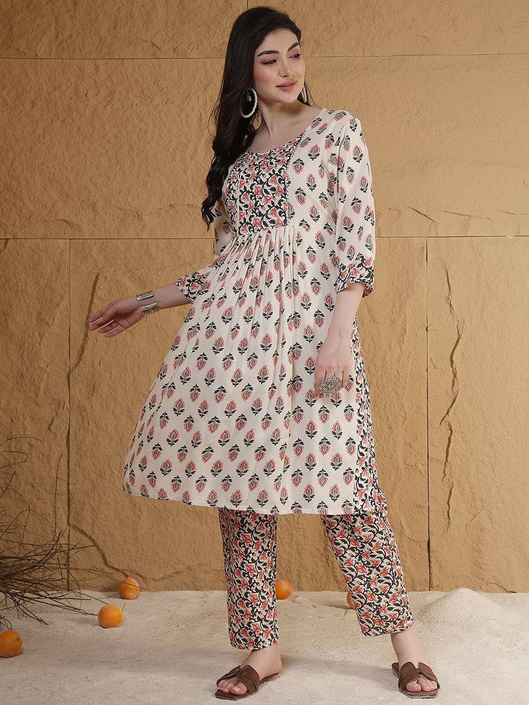 Anouk Floral Printed Round Neck  Straight Kurta with Trouser