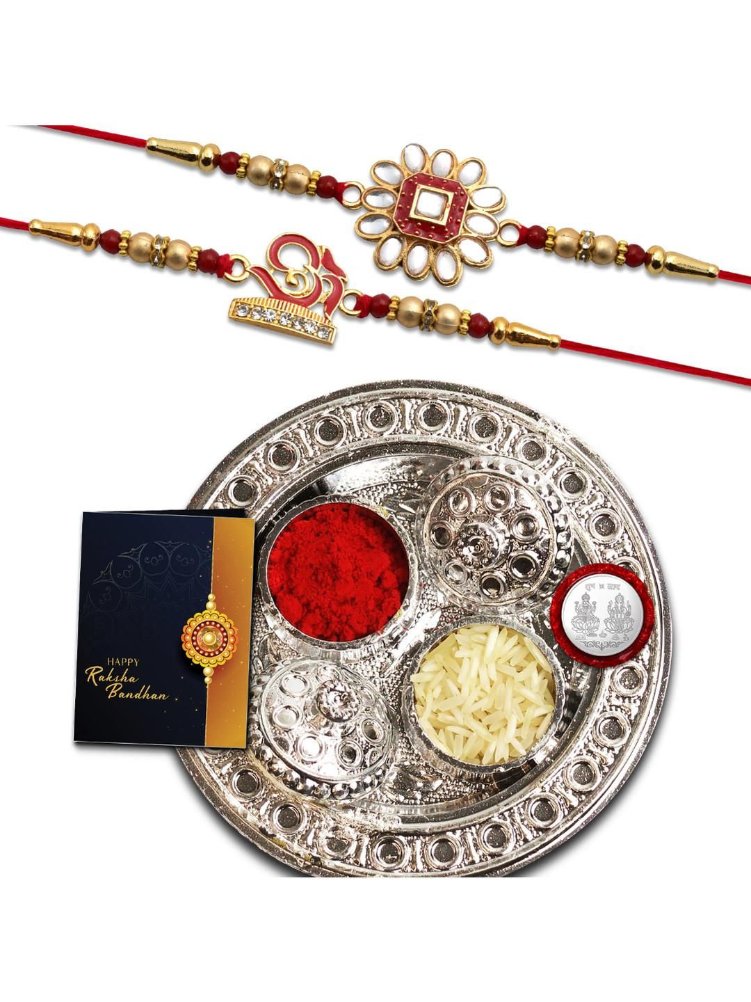 DeoDap Unisex Set of 2 Rakhis with Pooja Thali Roli Chawal Coin Greeting Card Gift Set-image-48