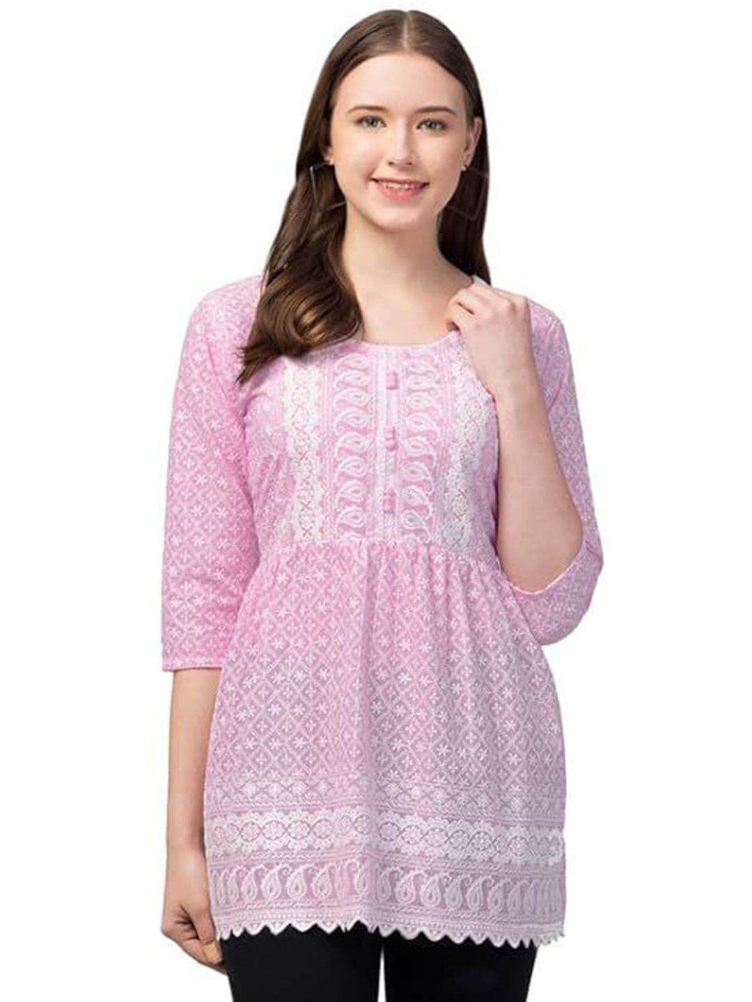 ERUDITE CLUB Floral Embroidered Round Neck Chikankari Pure Cotton A-Line Kurti-picture-31