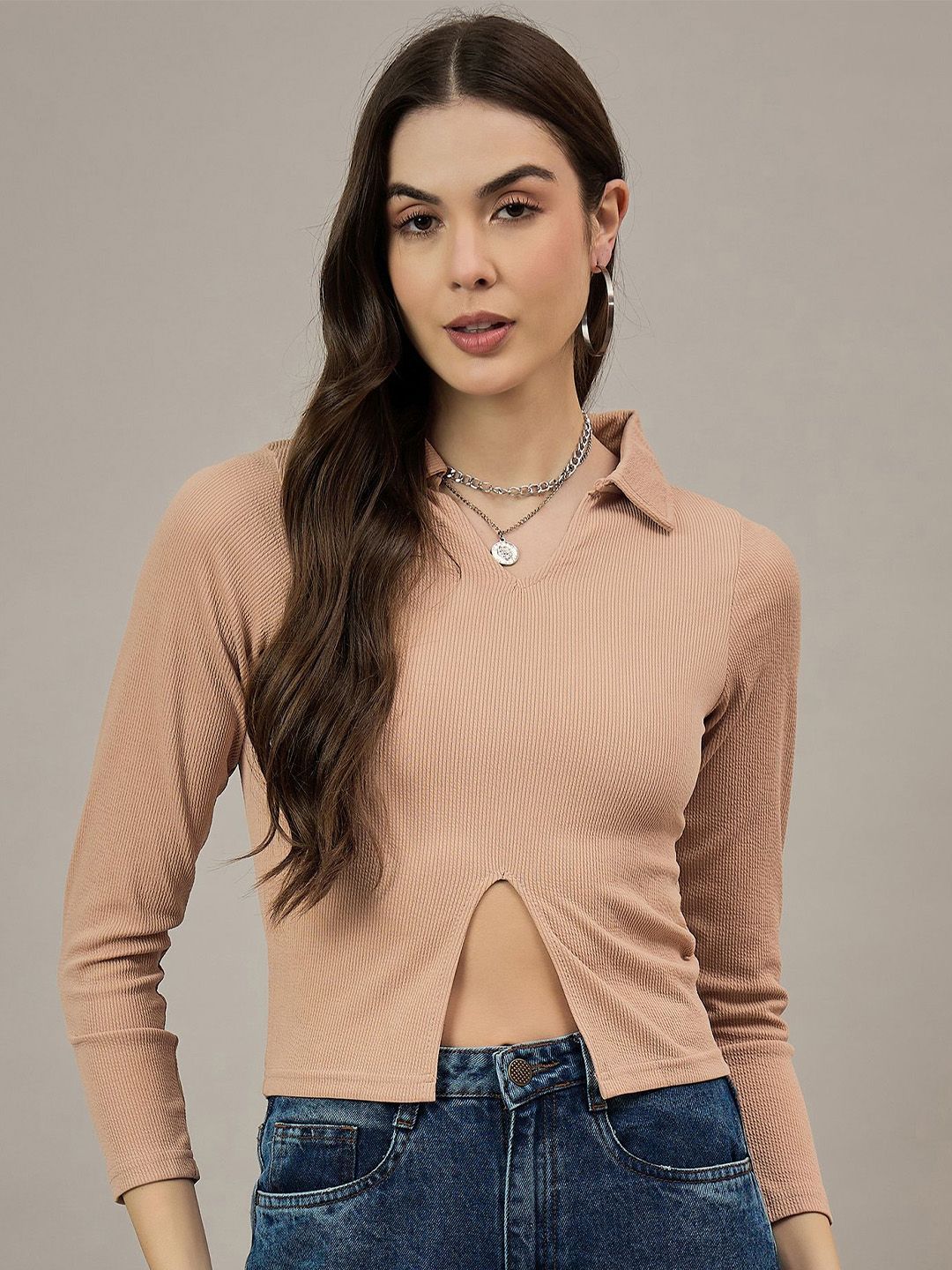 R.Code by The Roadster Life Co. Ribbed Shirt Collar Crop Top-picture-29