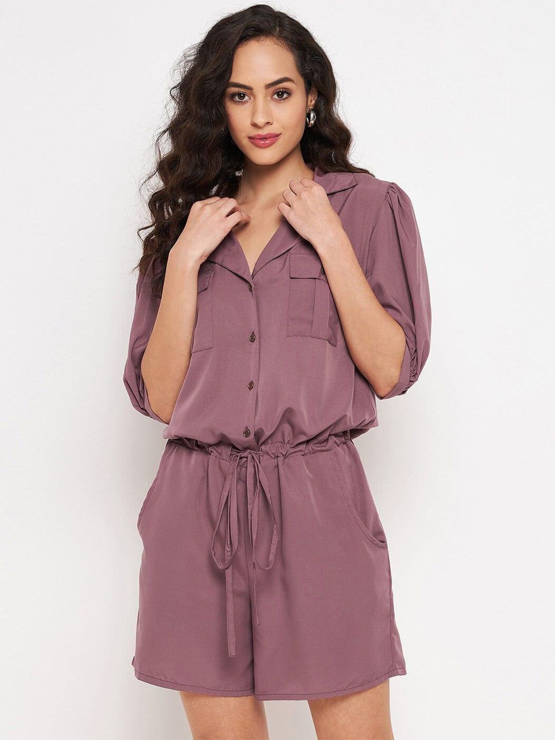 Color Cocktail Women Shirt Collar Playsuit