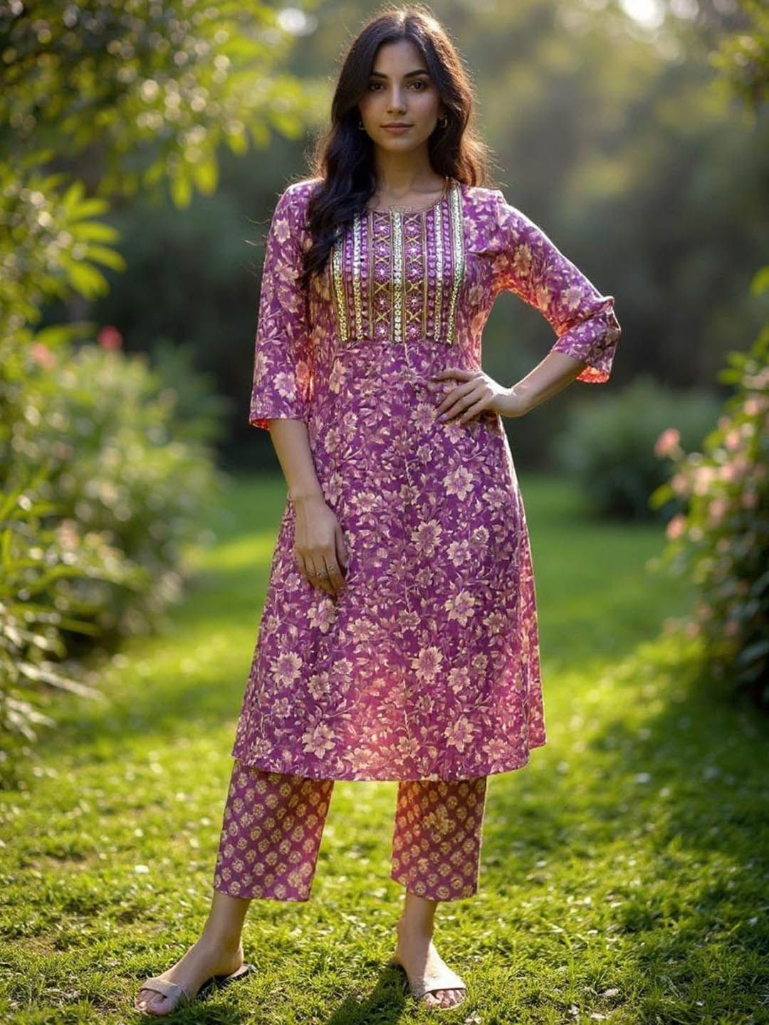 Rangita Floral Embroidered Mirror Work Straight Pure Cotton Kurta With Trousers
