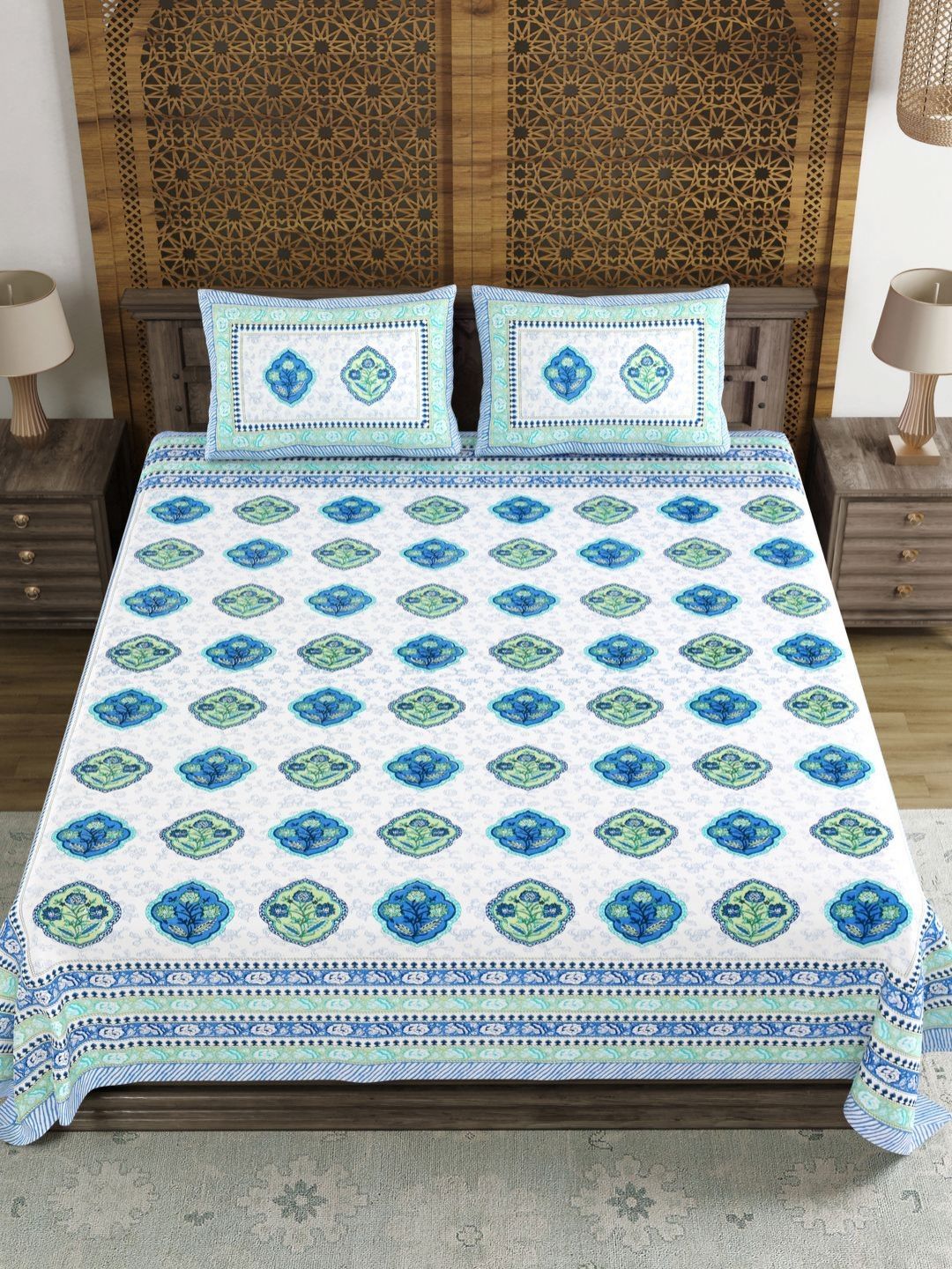 Sangria White & Blue Ethnic Motifs Pure Cotton 210TC Double King Bedsheet Set-2.74mx2.28m-image-39