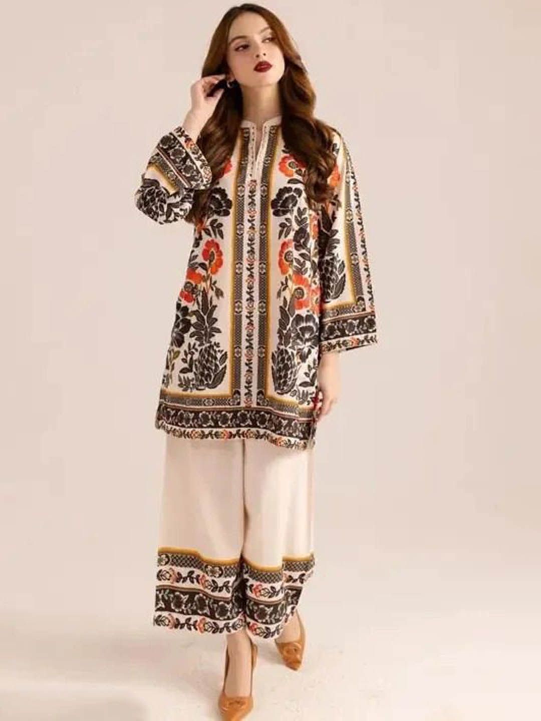Jahal Fashion Women Floral Printed Mandarin Collar Straight Kurta with Trousers