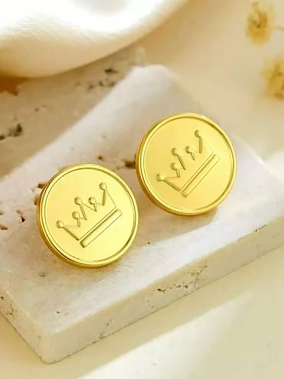 DressBerry Stainless Steel 18K Gold-Plated Crown Coin Circular Shaped Studs-picture-37