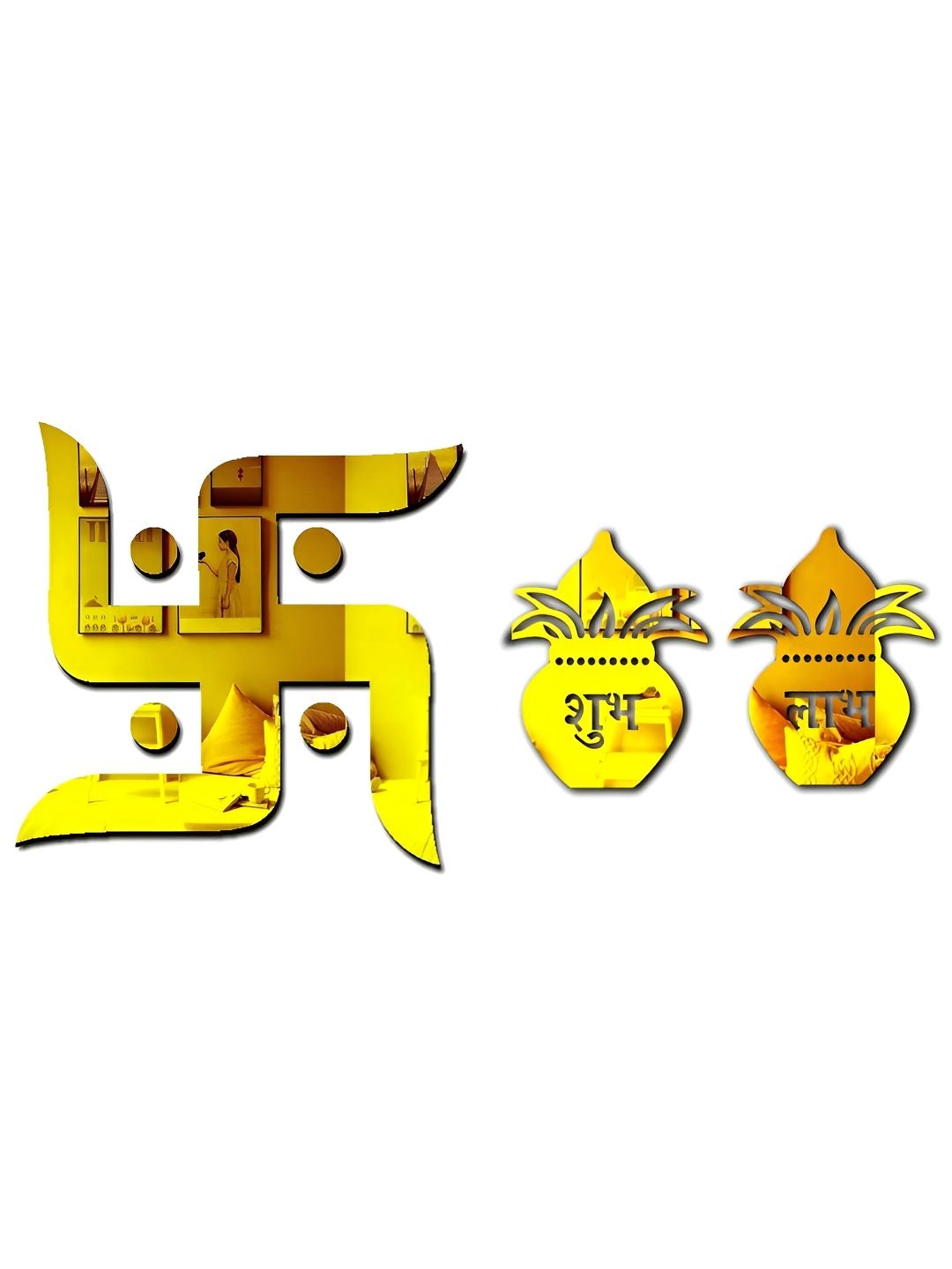 VAH Kya Bat Hai !! 3Pcs Yellow Swastik & Shubh Labh Acrylic Mirror Stickers