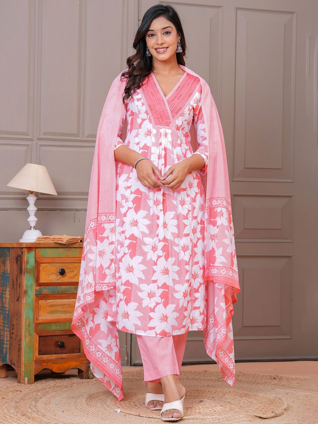 KALINI Floral Printed A-Line Beads and Stones Pure Cotton Kurta With Trouser & Dupatta