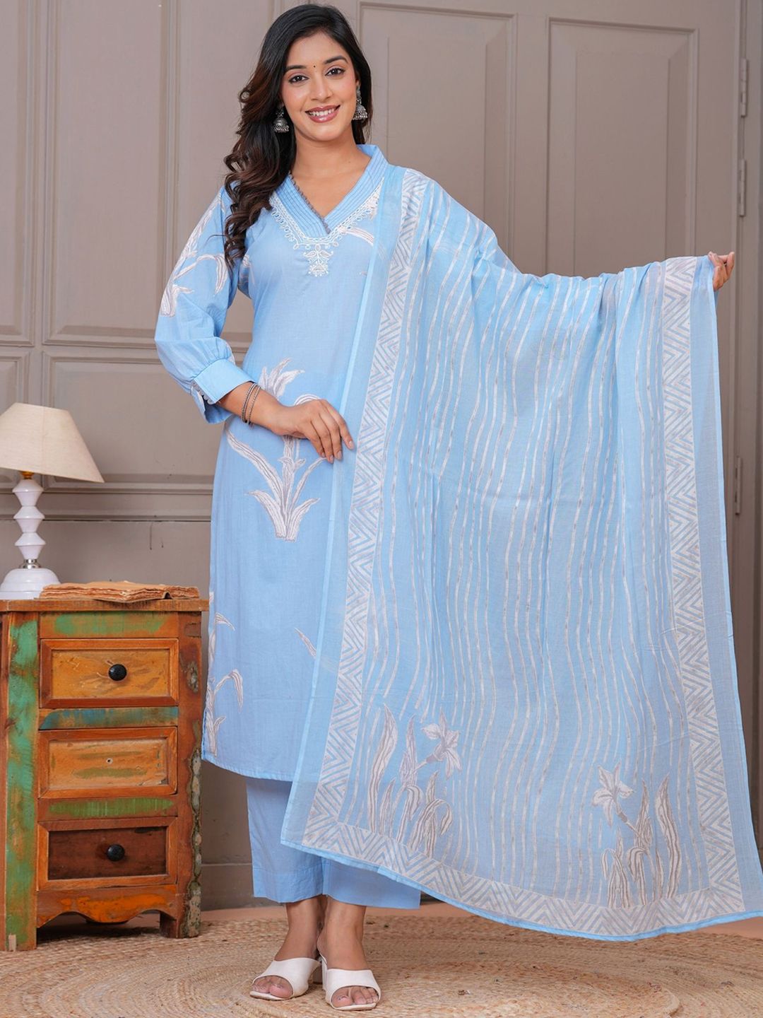 KALINI Floral Printed Straight Beads and Stones Pure Cotton Kurta With Trouser & Dupatta