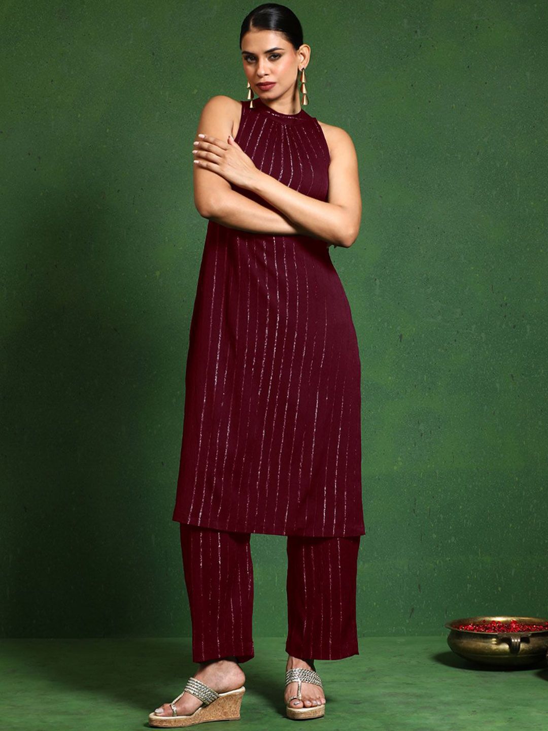 Varanga Women Striped Woven Design Kurta with Trousers