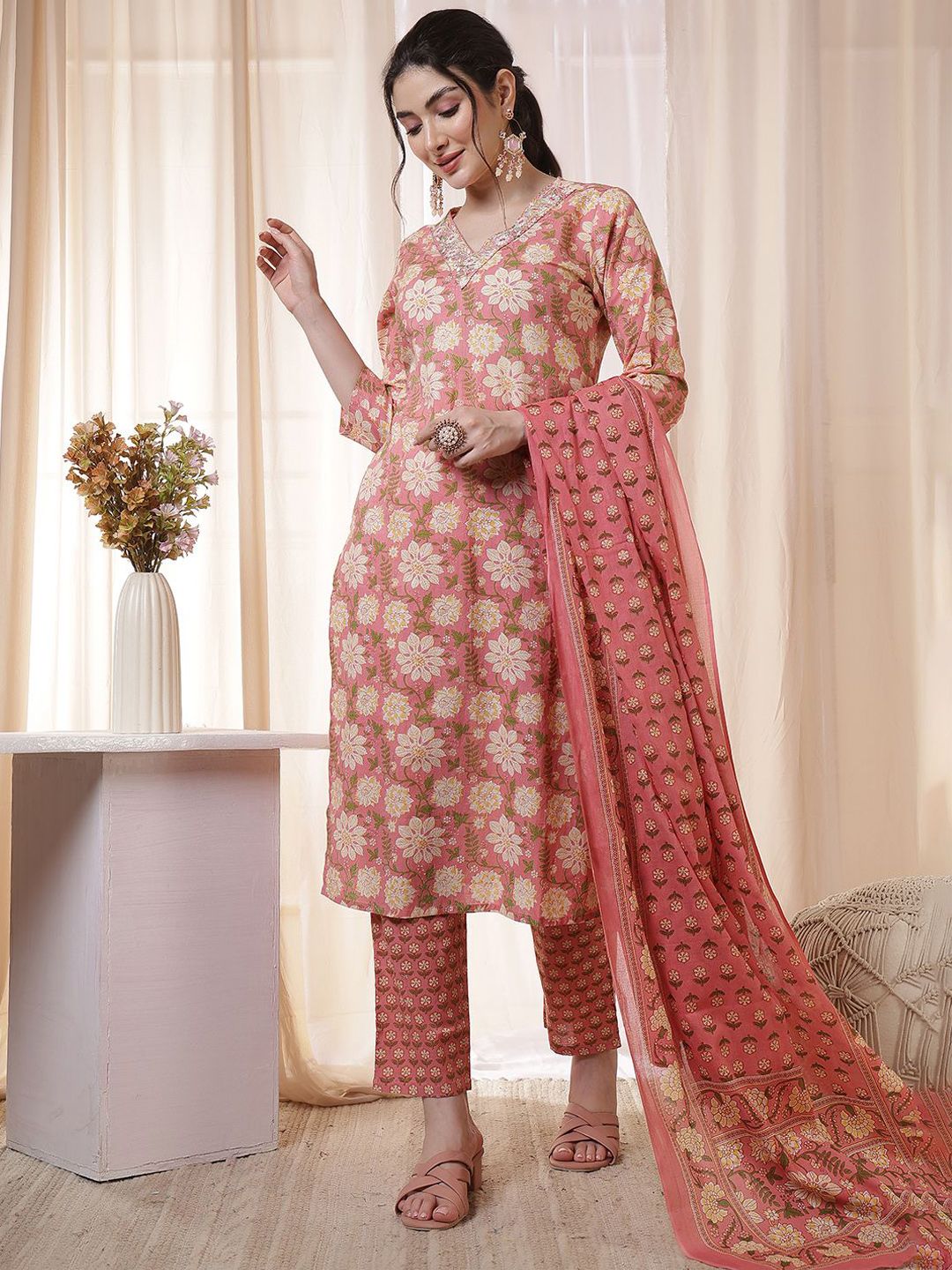 Anouk Floral Printed V-Neck Thread Work Pure Cotton Kurta With Trousers & Dupatta