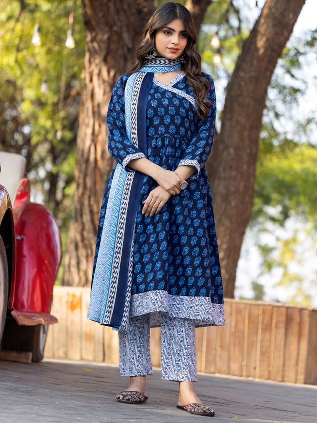 Shriyangan Floral Printed Angrakha Anarkali Pure Cotton Kurta With Trousers & Dupatta