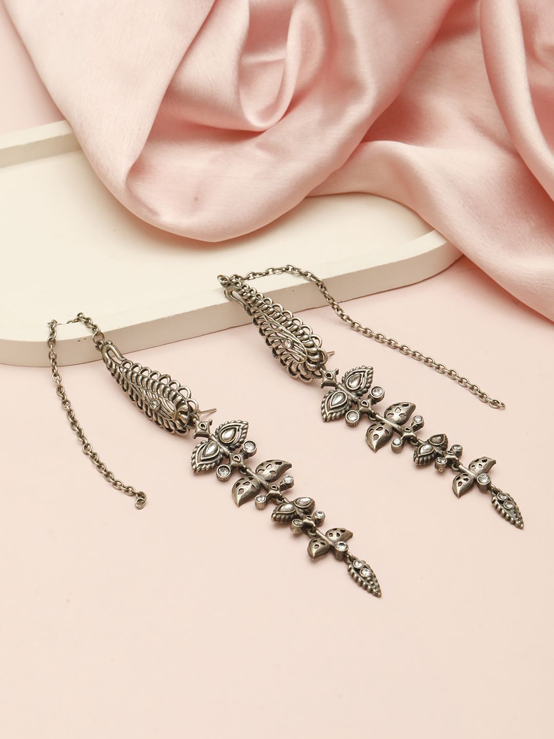 VIVAZS Silver-Plated Artificial Stones Studded Oxidised Leaf Shaped Drop Earrings-picture-24