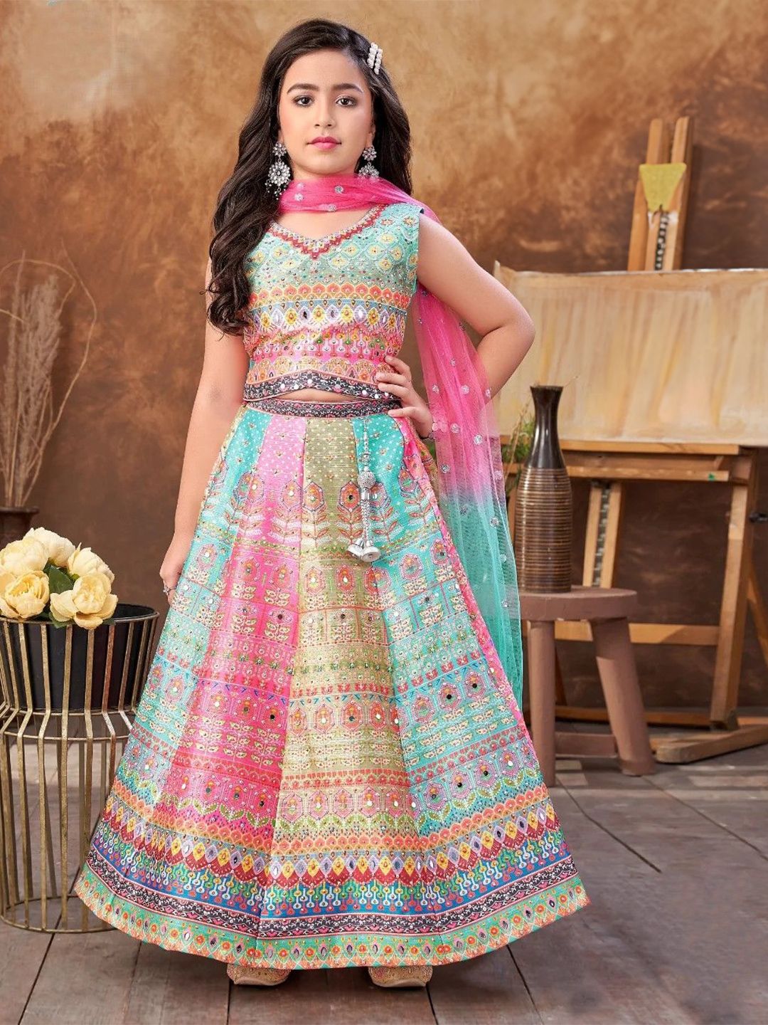 NKV Girls Printed Tie and Dye Ready to Wear Lehenga & Blouse With Dupatta-picture-34