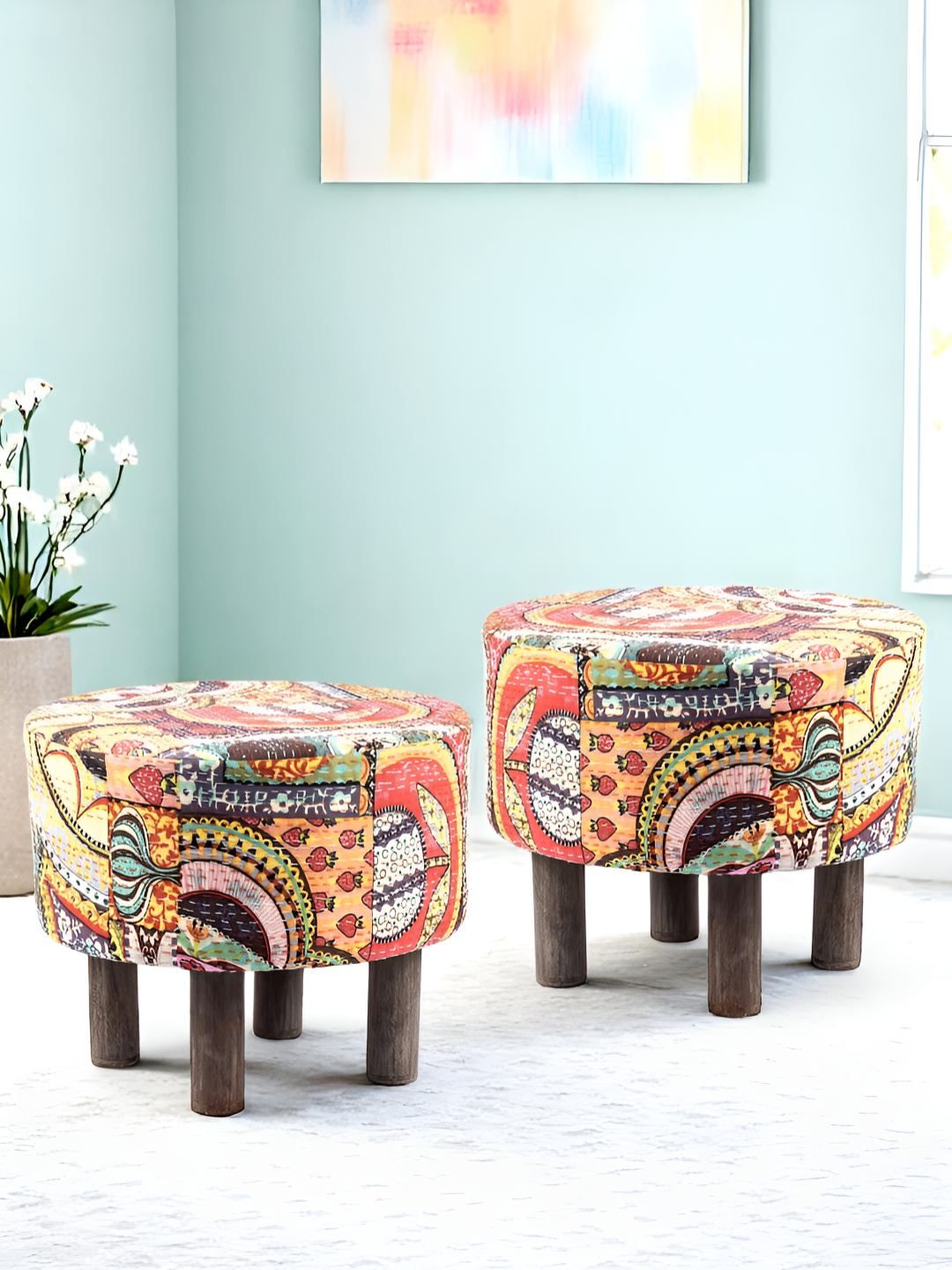 Ikiriya Pack Of 2 Yellow Wooden Round Ottomans-image-24