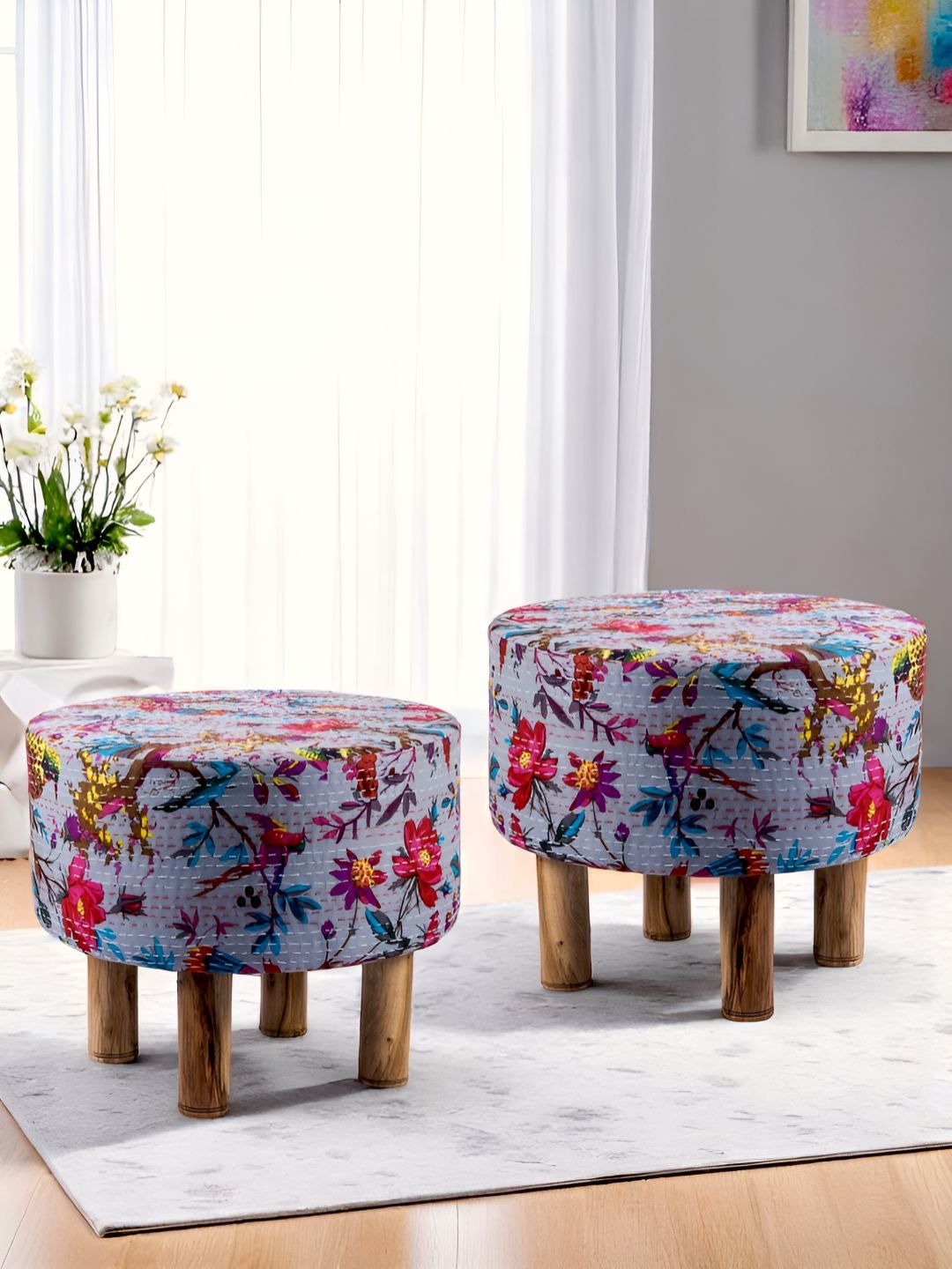 Ikiriya Pack Of 2 Grey & Pink Printed Ottomans-picture-26