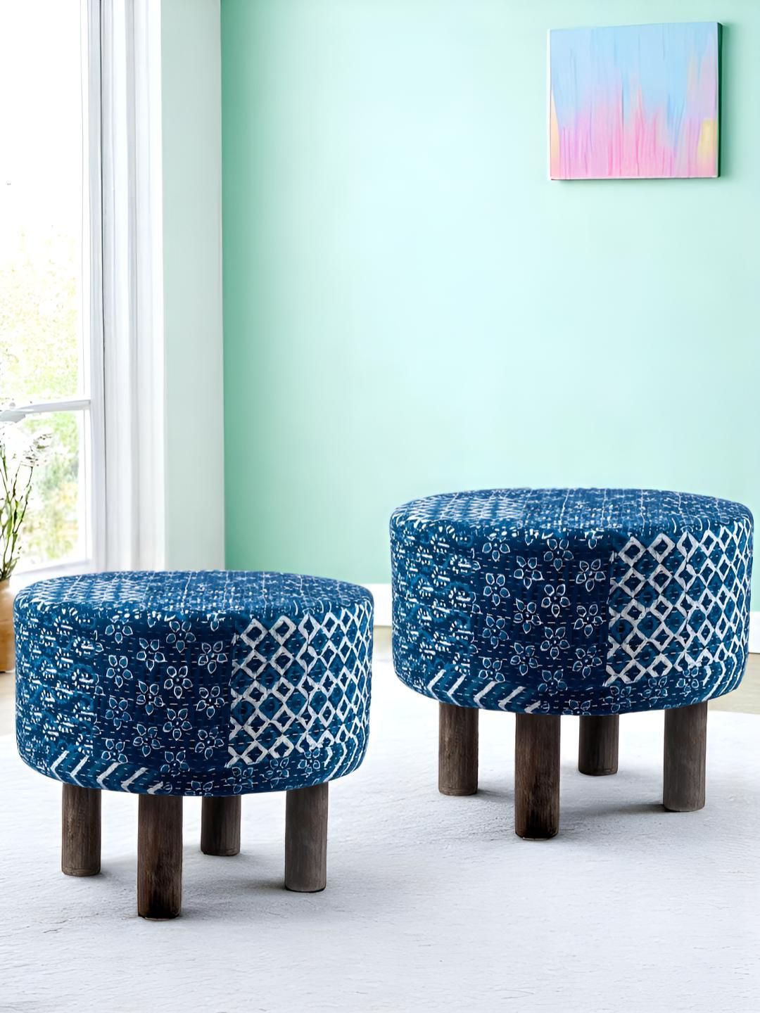 Ikiriya Pack Of 2 Blue Wooden Round Ottomans-image-47