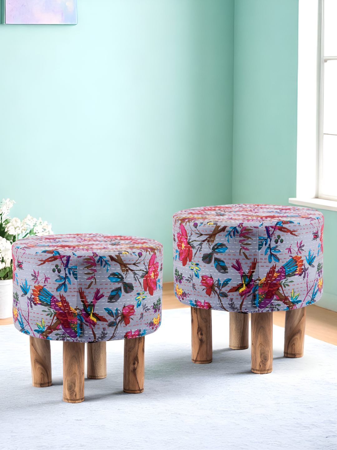 Ikiriya Pack Of 2 Grey & Pink Printed Ottomans-picture-29