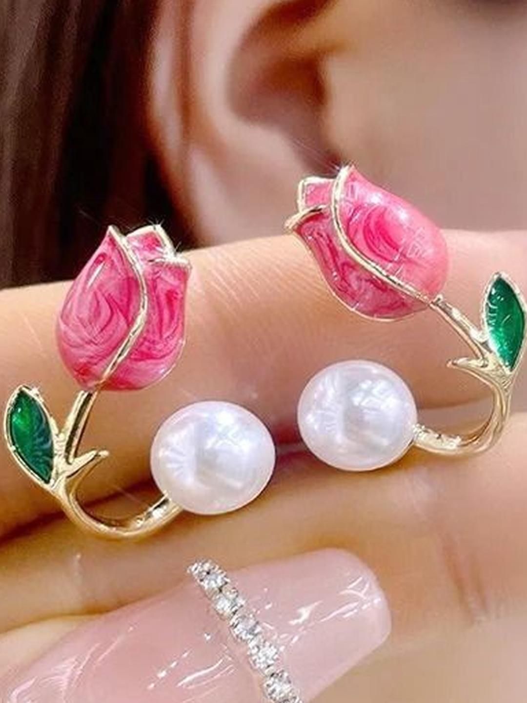 Anouk Gold-Plated Pearls Studded Flower shaped Korean Ear Studs-image-8