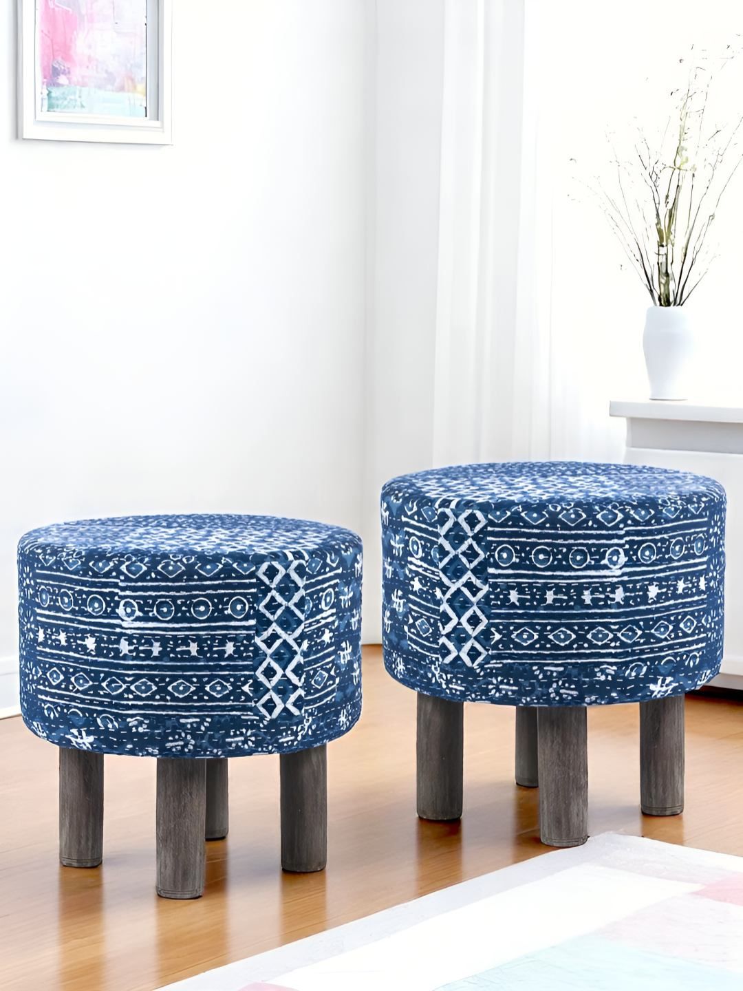 Ikiriya Pack Of 2 Blue Wooden Round Ottomans-picture-26