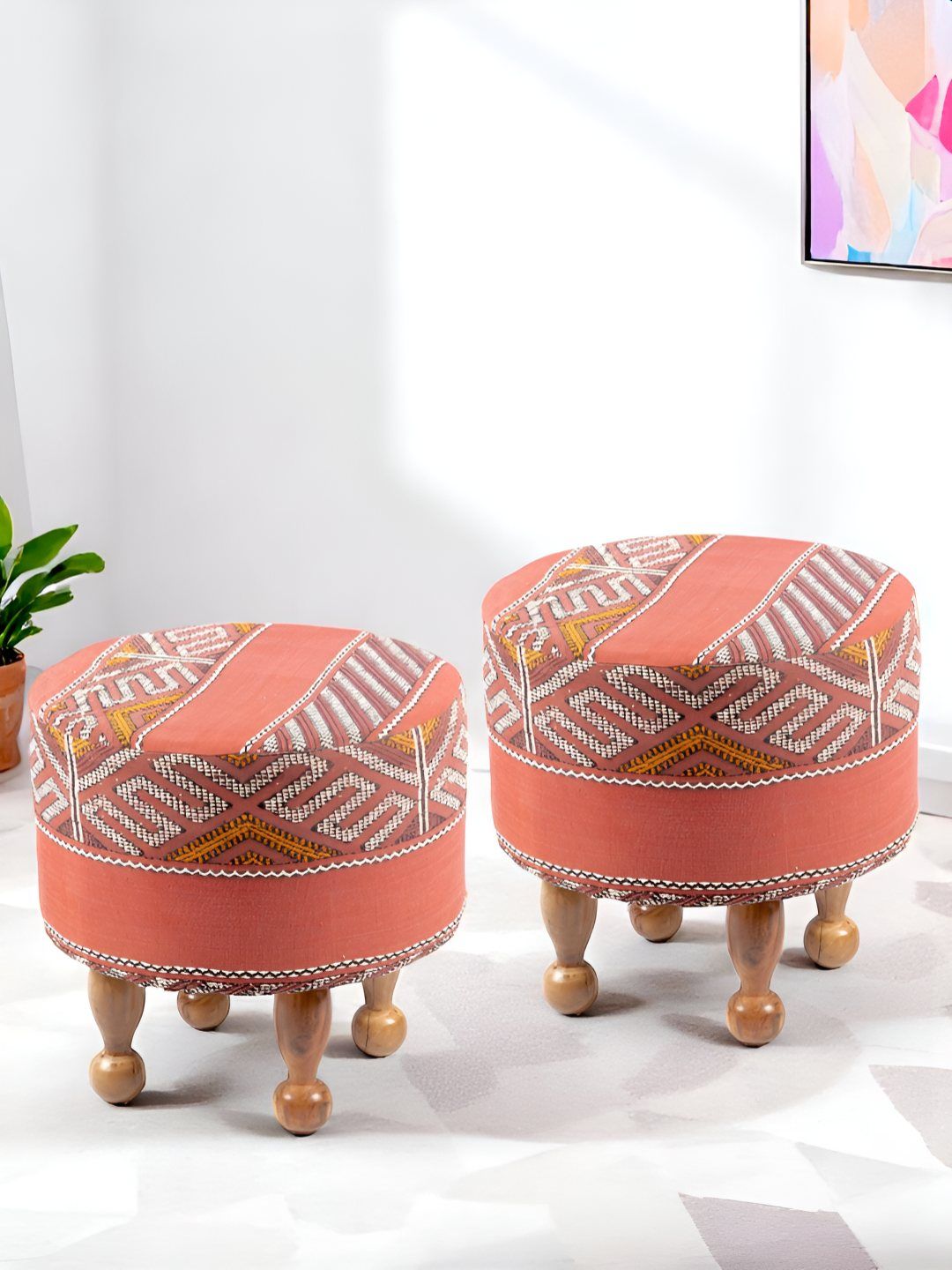 Ikiriya Pack Of 2 Red & White Printed Ottomans-picture-41