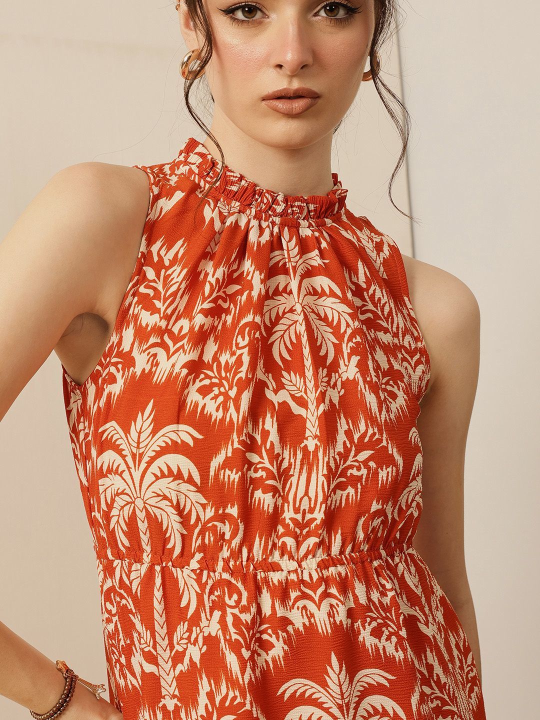 STREET 9 Women Tropical Print Halter Neck Tiered Cotton Fit & Flare Maxi Dress-image-14