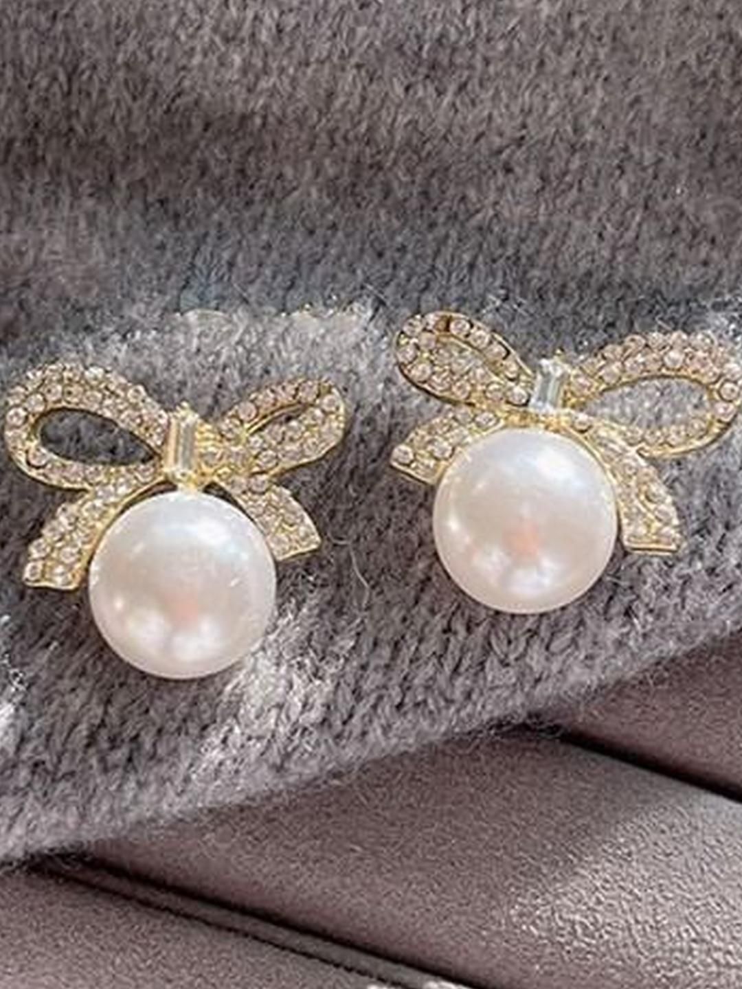 Anouk Gold-Plated Pearls & Stone Studded Circular shaped Bow Korean Studs-picture-39