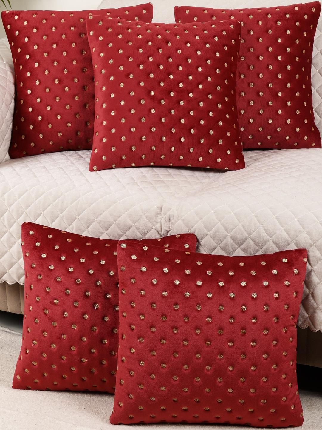tanlooms Decorative Dot Design Set of 5, Maroon Color Velvet Cushion Covers-picture-25