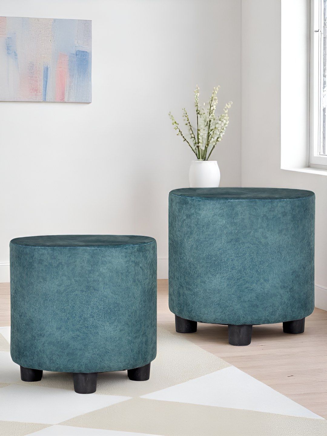 Ikiriya Pack Of 2 Blue Wooden Round Ottomans-image-27