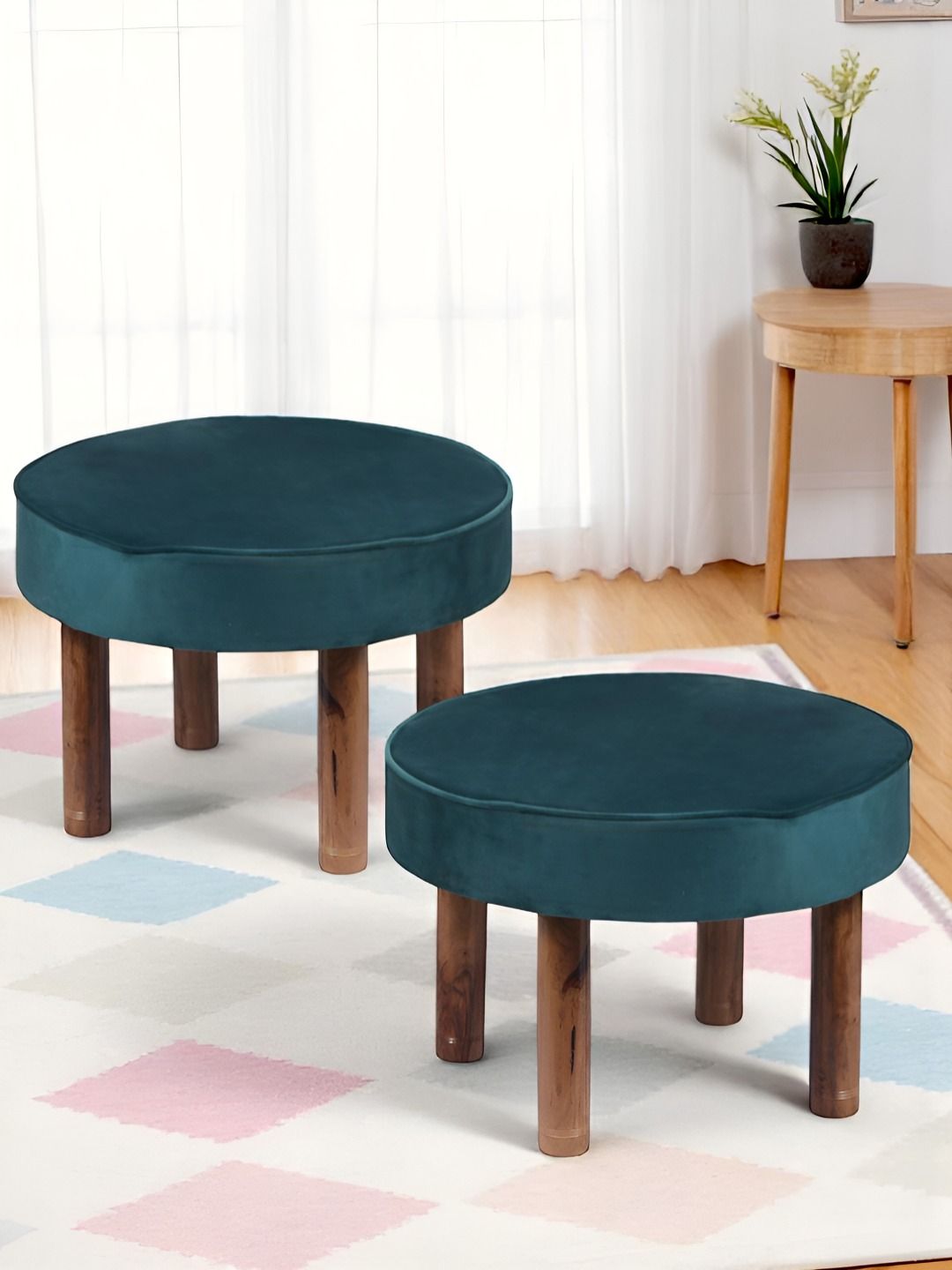 Ikiriya Pack Of 2 Trouquoise Sea-Coloured Round Wooden Ottomans-picture-16
