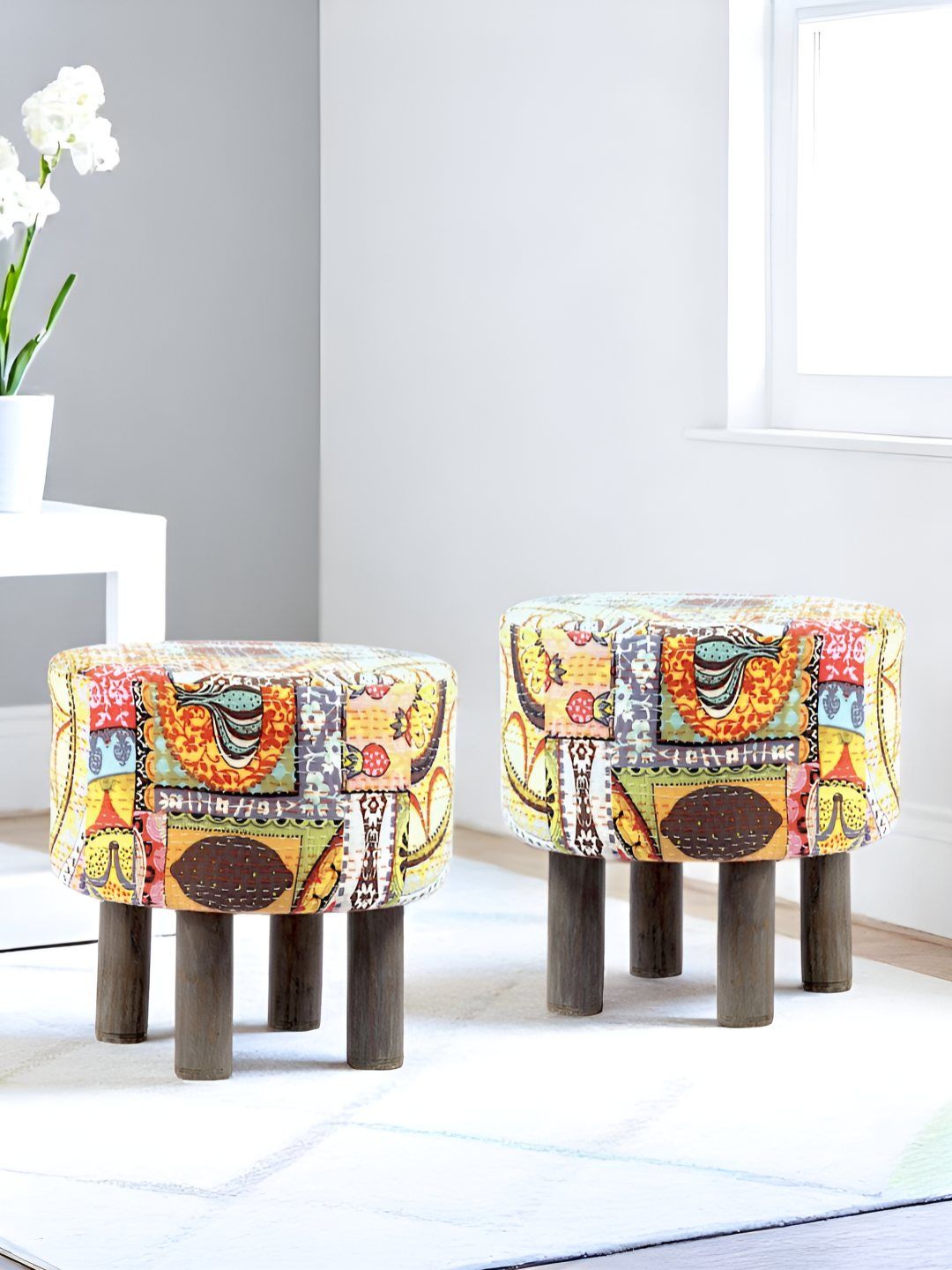 Ikiriya Pack Of 2 Yellow printed Wooden Round Ottomans-picture-27