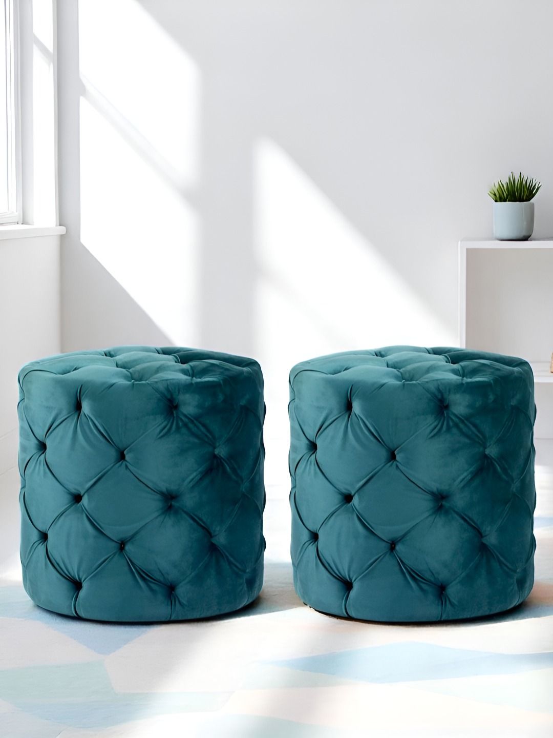 Ikiriya Pack Of 2 Blue Wooden Round Ottomans-picture-41