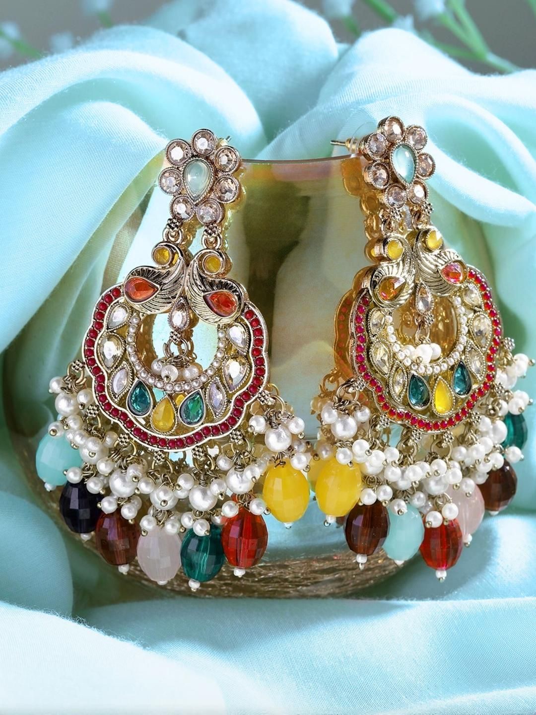 Anouk Gold Plated Artificial Stones Studded & Beaded Contemporary Drop Earrings-picture-11