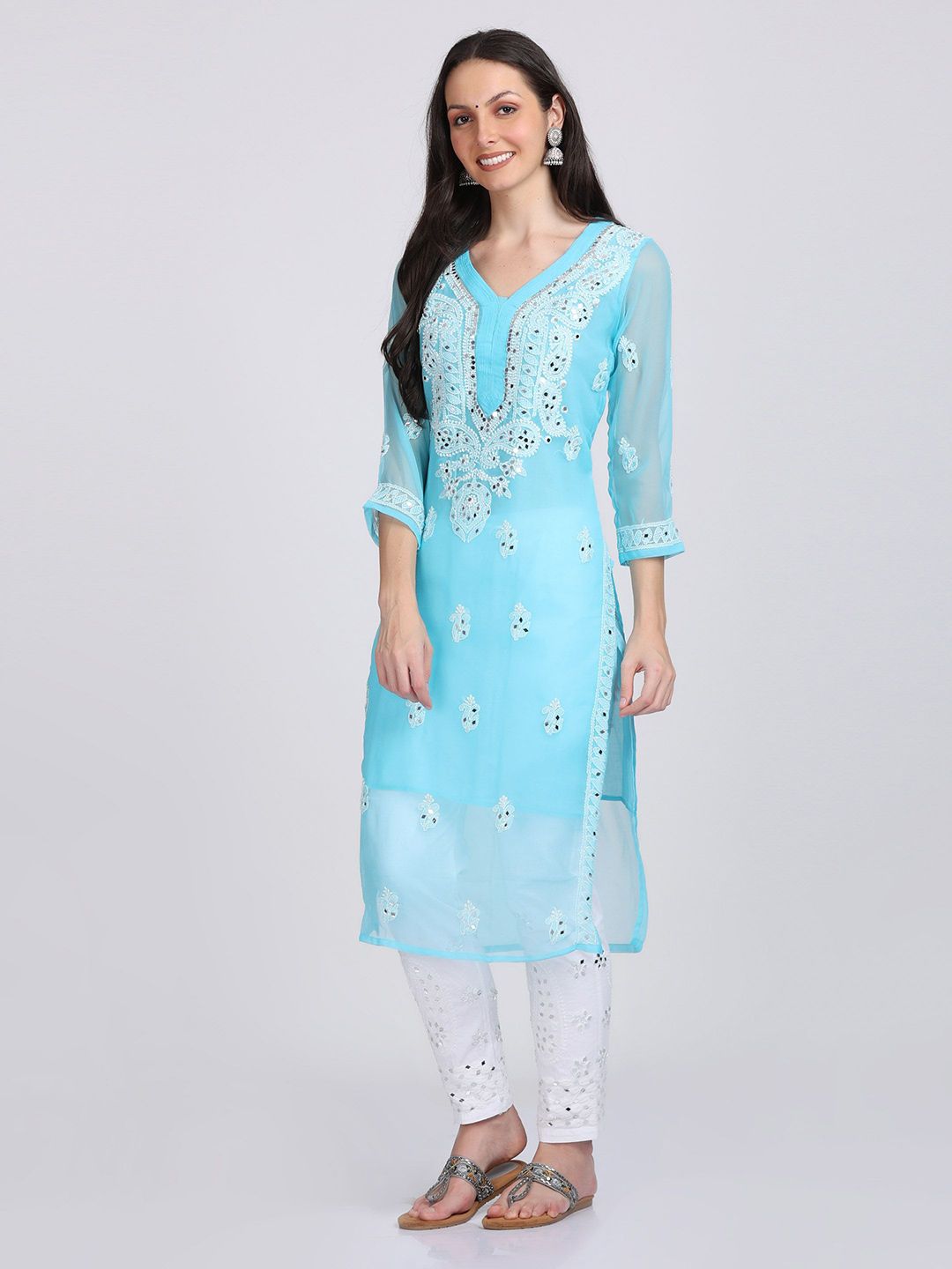 KHAKA Paisley Embroidered Mirror Work Pure Cotton Regular Straight Kurtis-picture-39