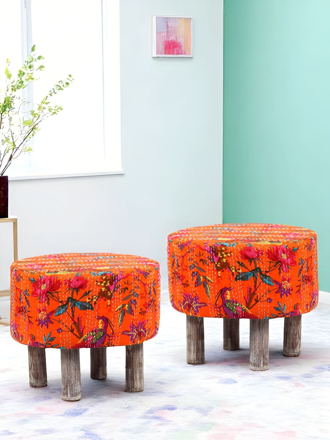 Ikiriya Pack Of 2 Orange-Coloured Printed Wooden Round Ottomans-image-42