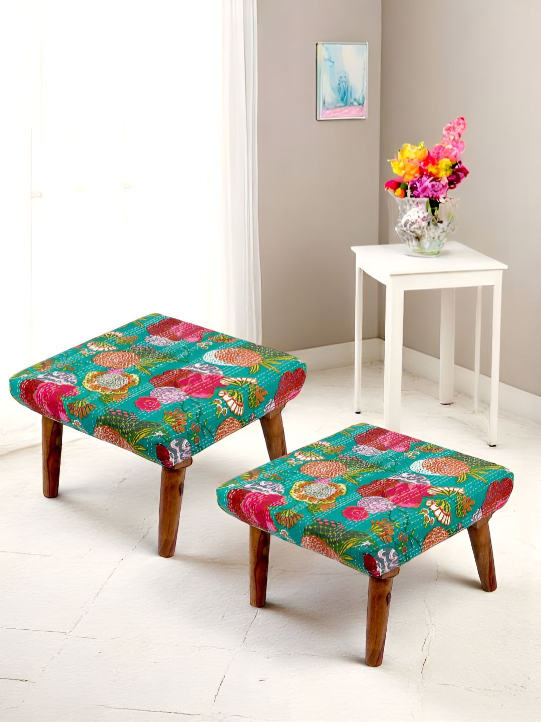Ikiriya 2-Pcs Green & Pink Printed Wooden Square Ottomans-picture-40