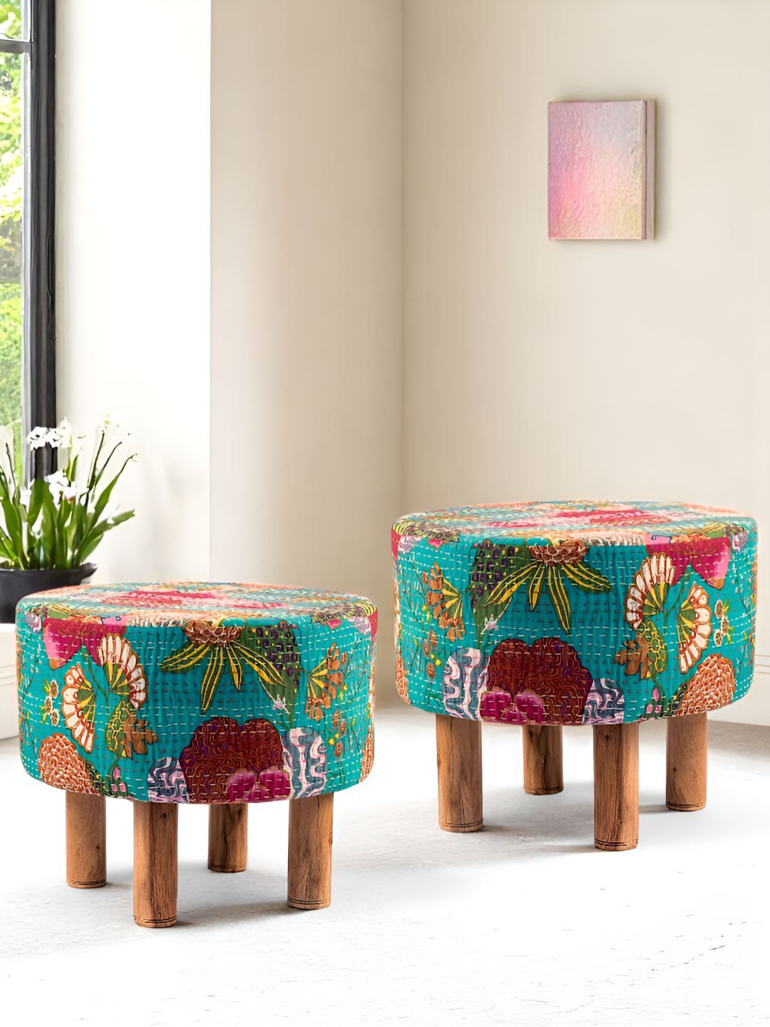 Ikiriya Pack Of 2 Green & Pink Printed Wooden Ottomans-picture-16