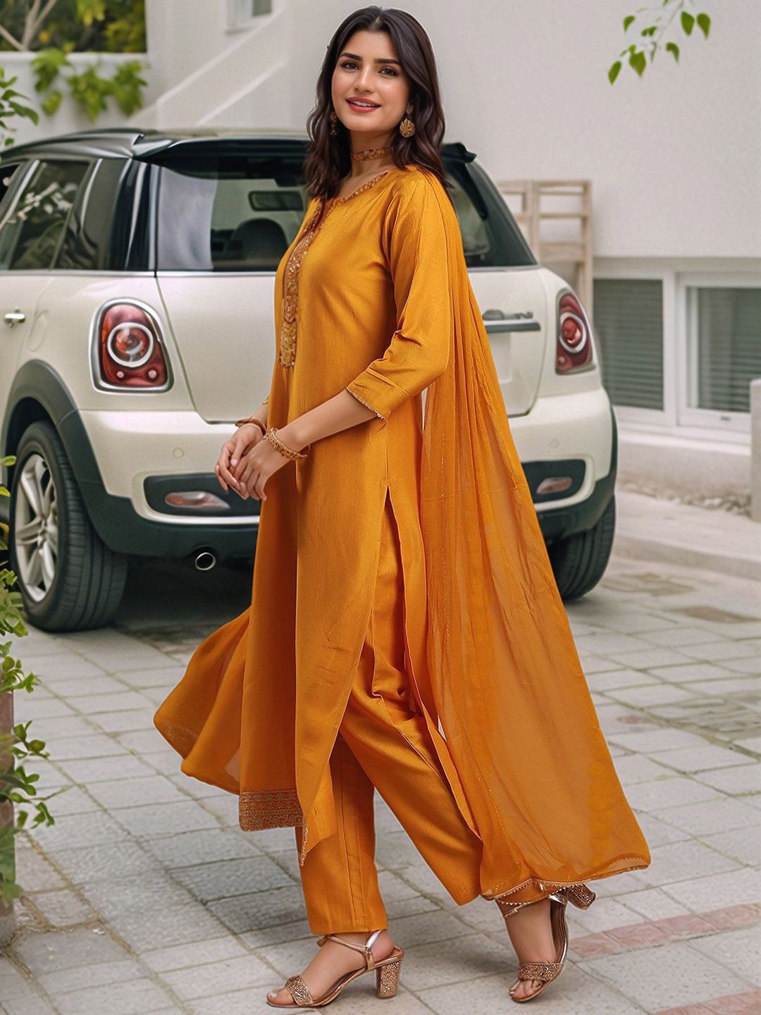 GoSriKi Floral Yoke Design Round Neck Zari Straight Kurta & Trousers With Dupatta