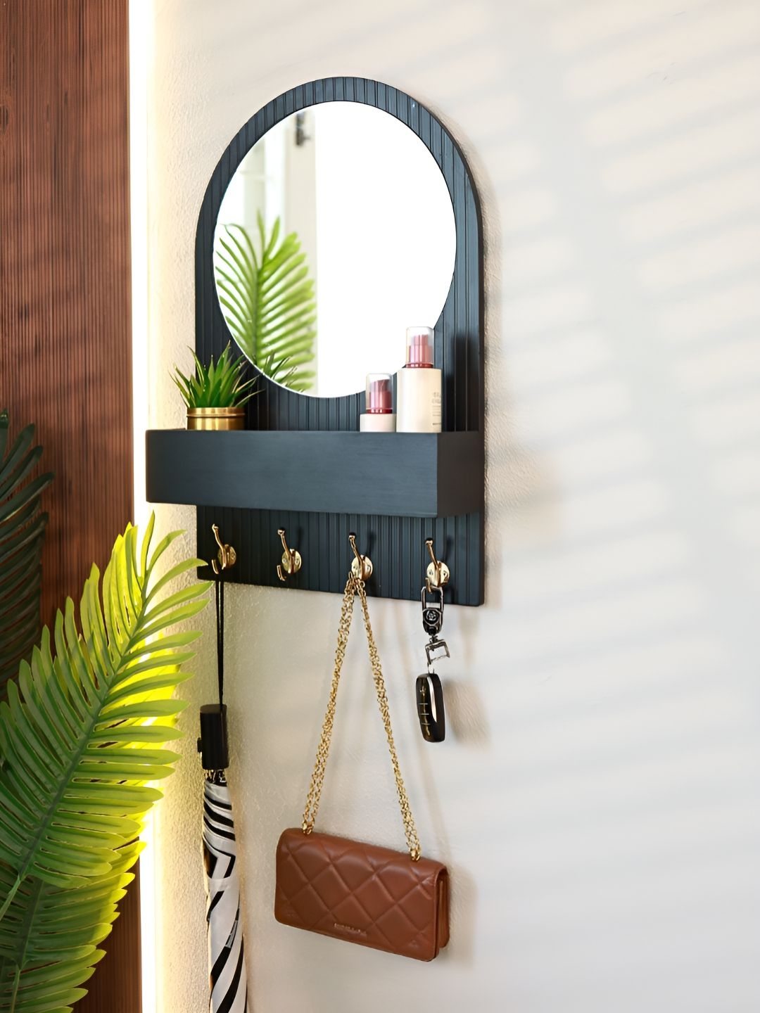 Cinch Home Black Entryway Organiser with Round Mirror with Dual Hooks & Shelf-image-49