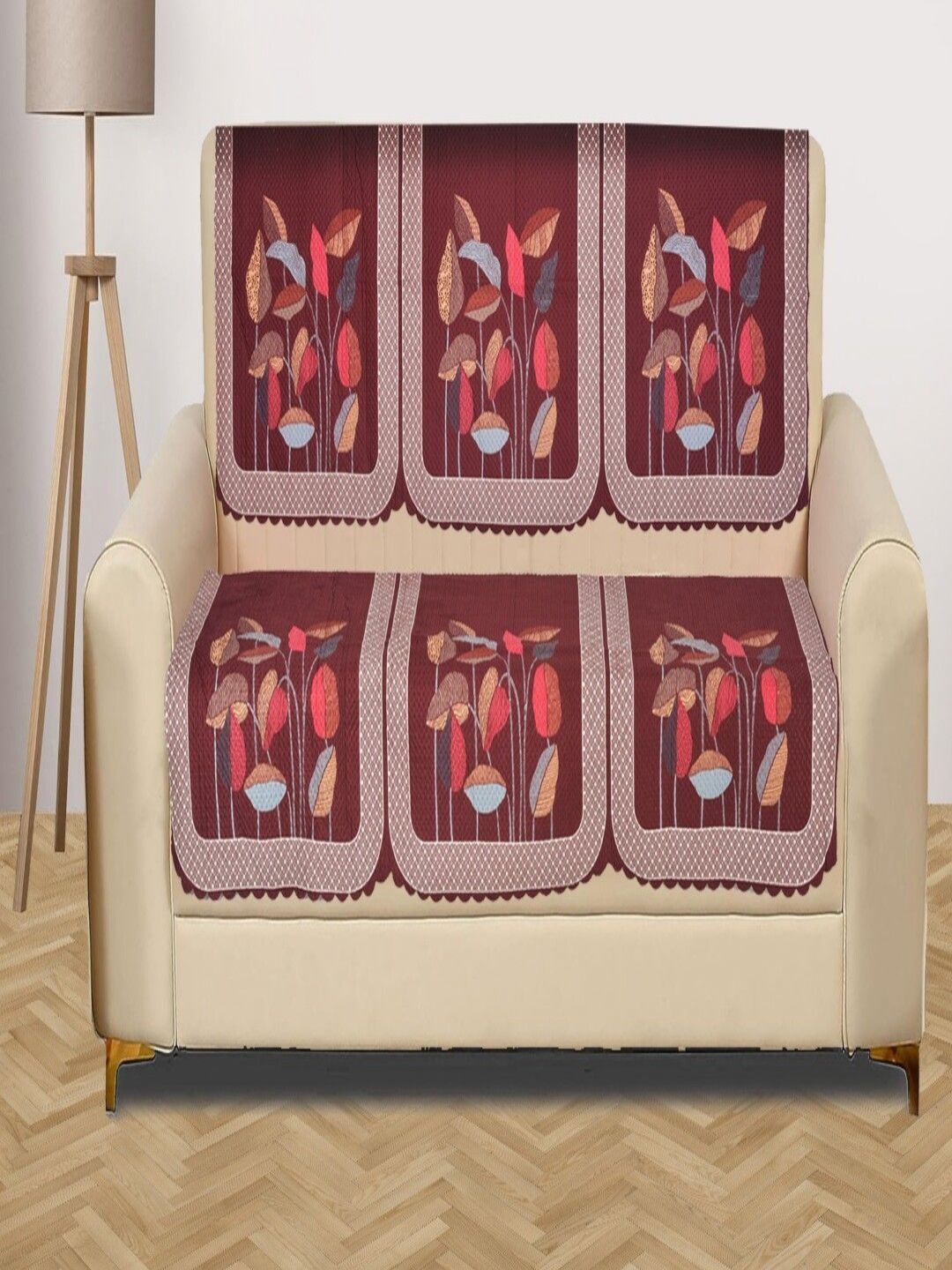 Myntra Elegant Homes Maroon & Grey 3 Seater Printed Velvet Sofa Cover-picture-12