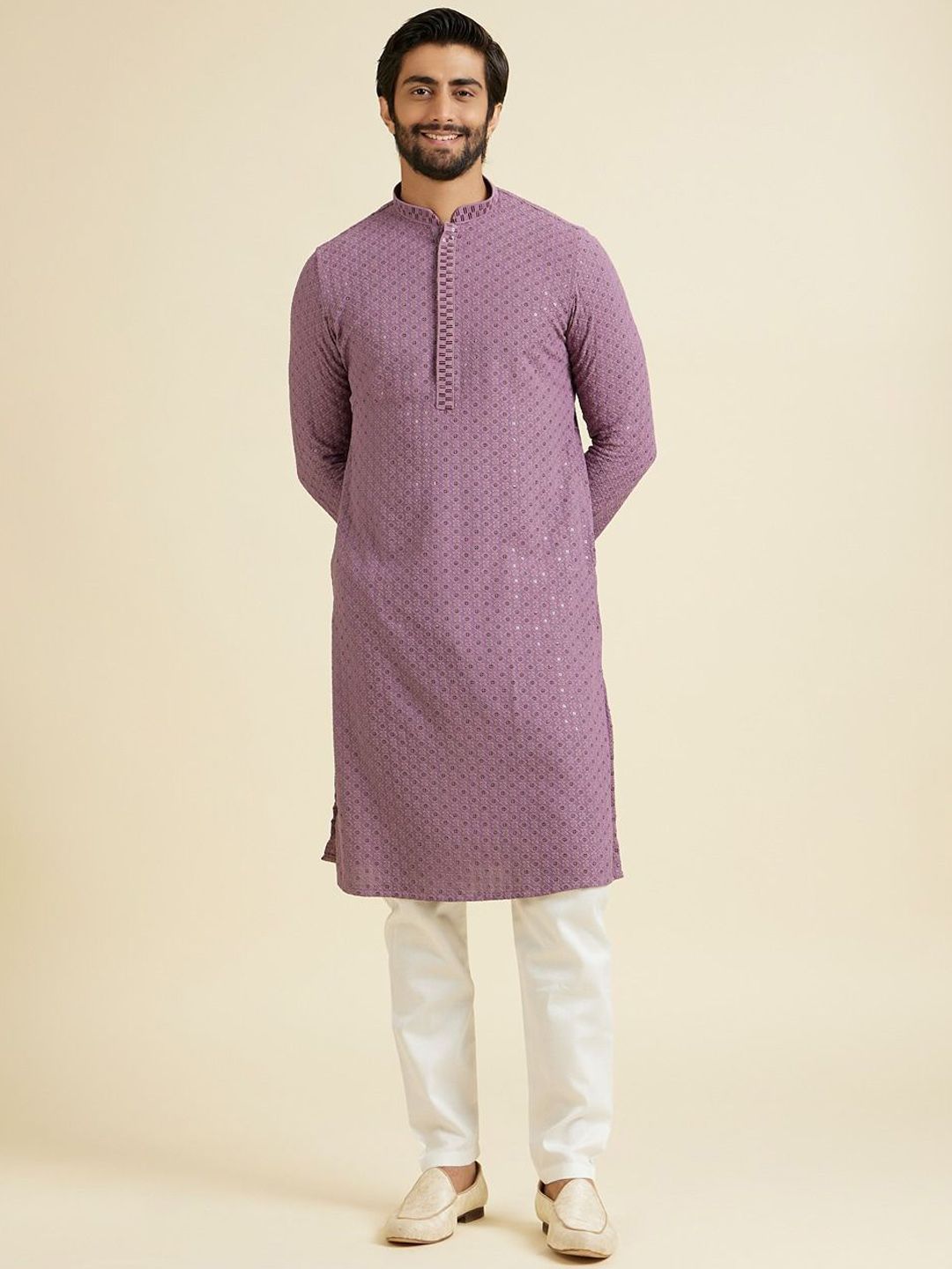 Manyavar Floral Embroidered Mandarin Collar Sequinned Kurta With Pyjamas-picture-26