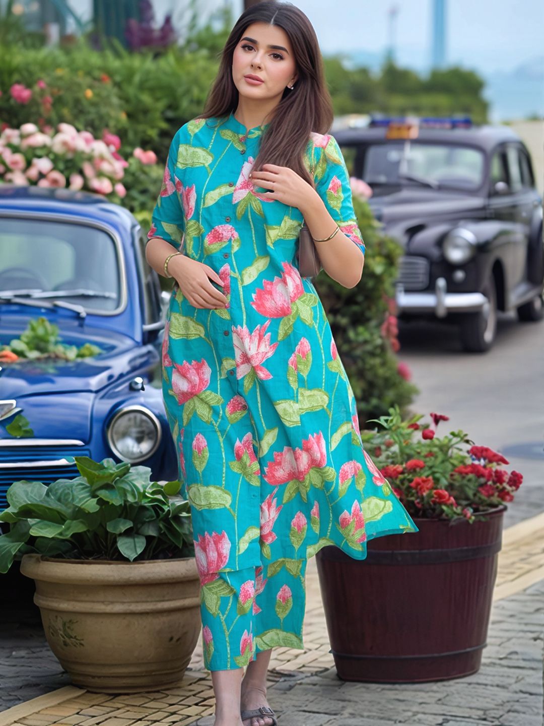 GoSriKi Floral Printed Mandarin Collar Kurta With Trousers