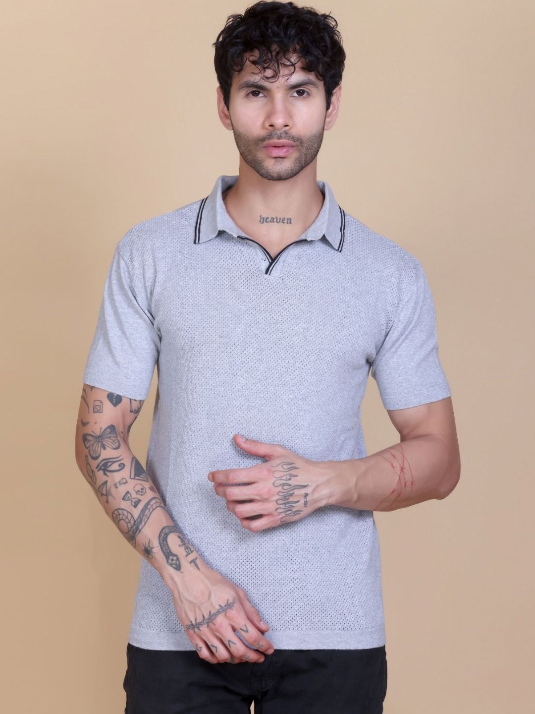 Dzant Self Design Polo Collar Neck Short Sleeves Organic Cotton T-shirt-image-22