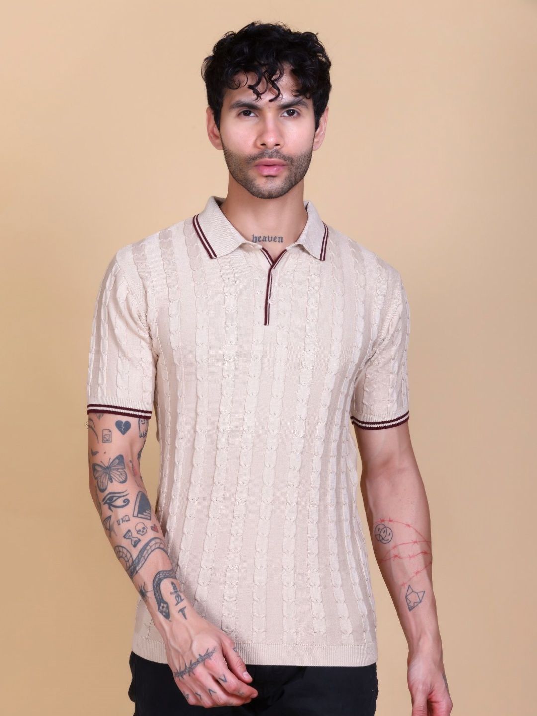 Dzant Self Design Polo Collar Neck Short Sleeves Organic Cotton T-shirt-image-20
