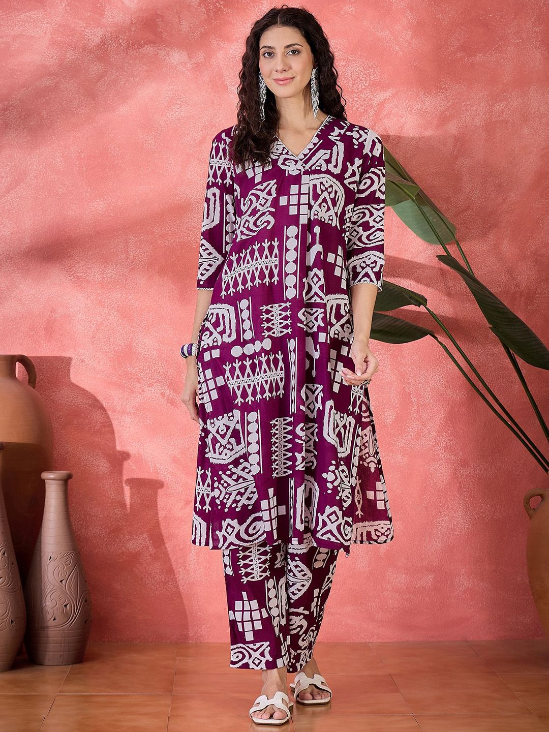 Sangria Women Ethnic Motifs Printed Regular Pure Cotton Kurta with Trousers