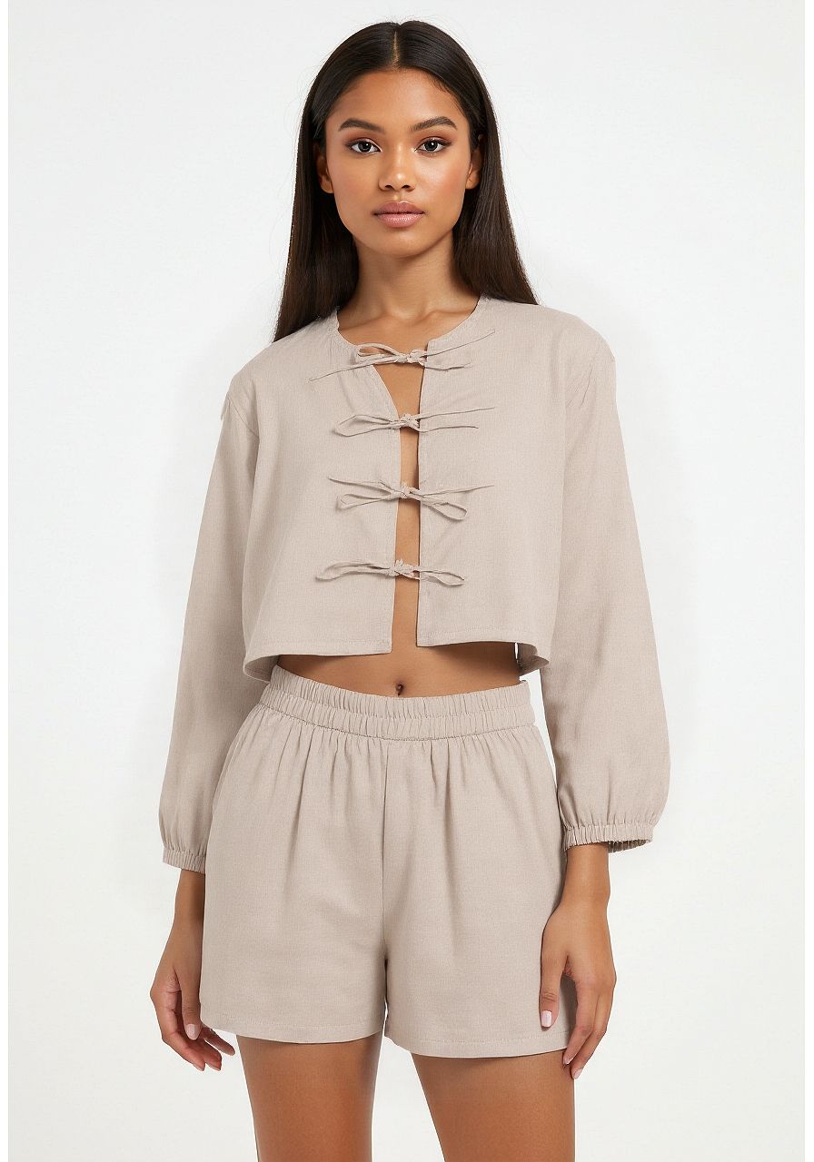 glitchez Tie-Up Front Puff Sleeve Top with Shorts Co-Ords