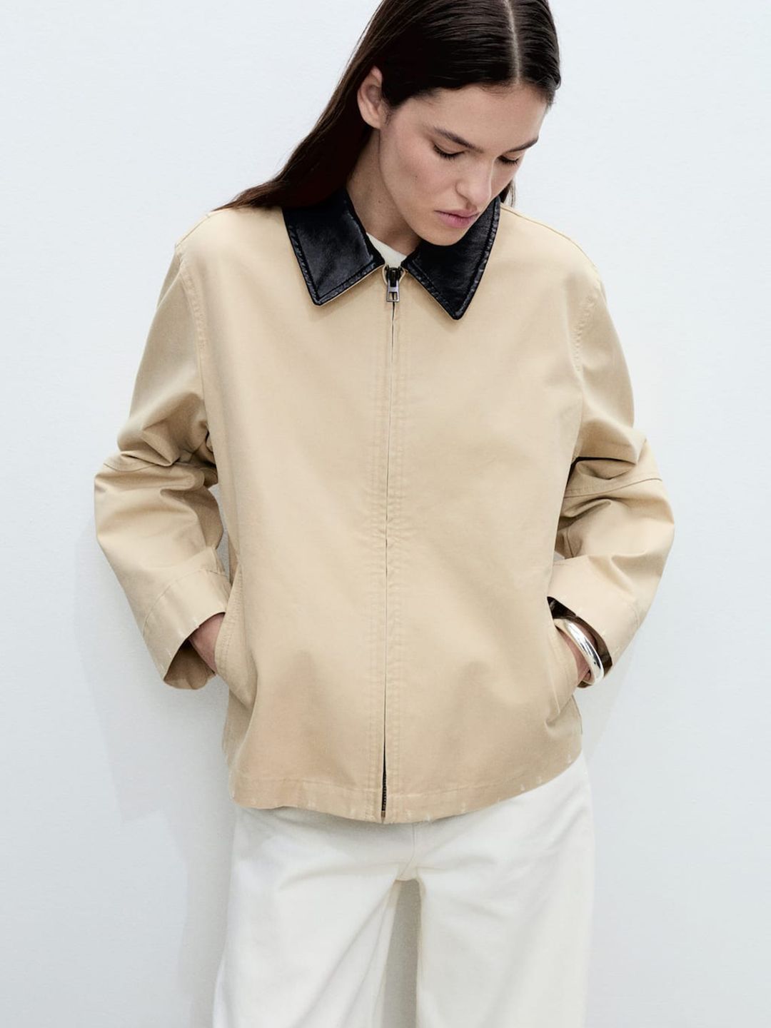 MANGO Faux Leather Contrasting Collar Pure Cotton Tailored Jacket