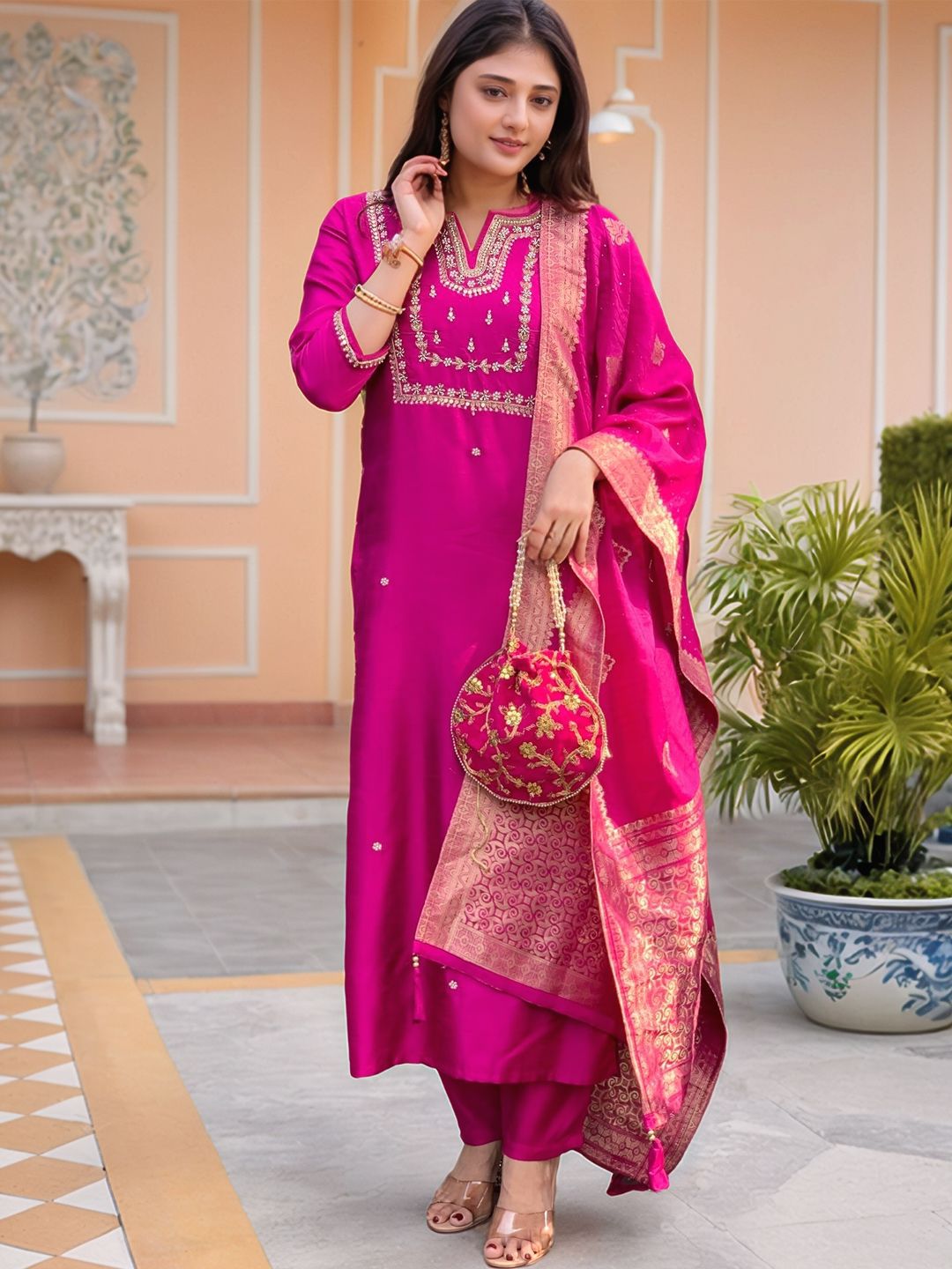 GoSriKi Floral Embroidered Notch neck Zari Straight Kurta & Trousers With Dupatta
