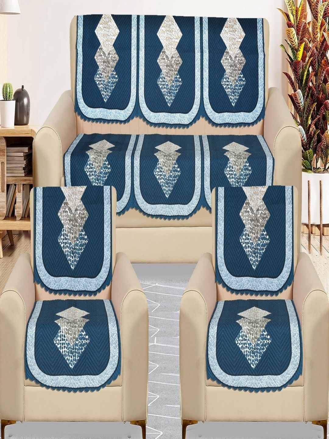 Myntra Elegant Homes Blue & Grey 5 Seater Printed Velvet Sofa Cover-image-19