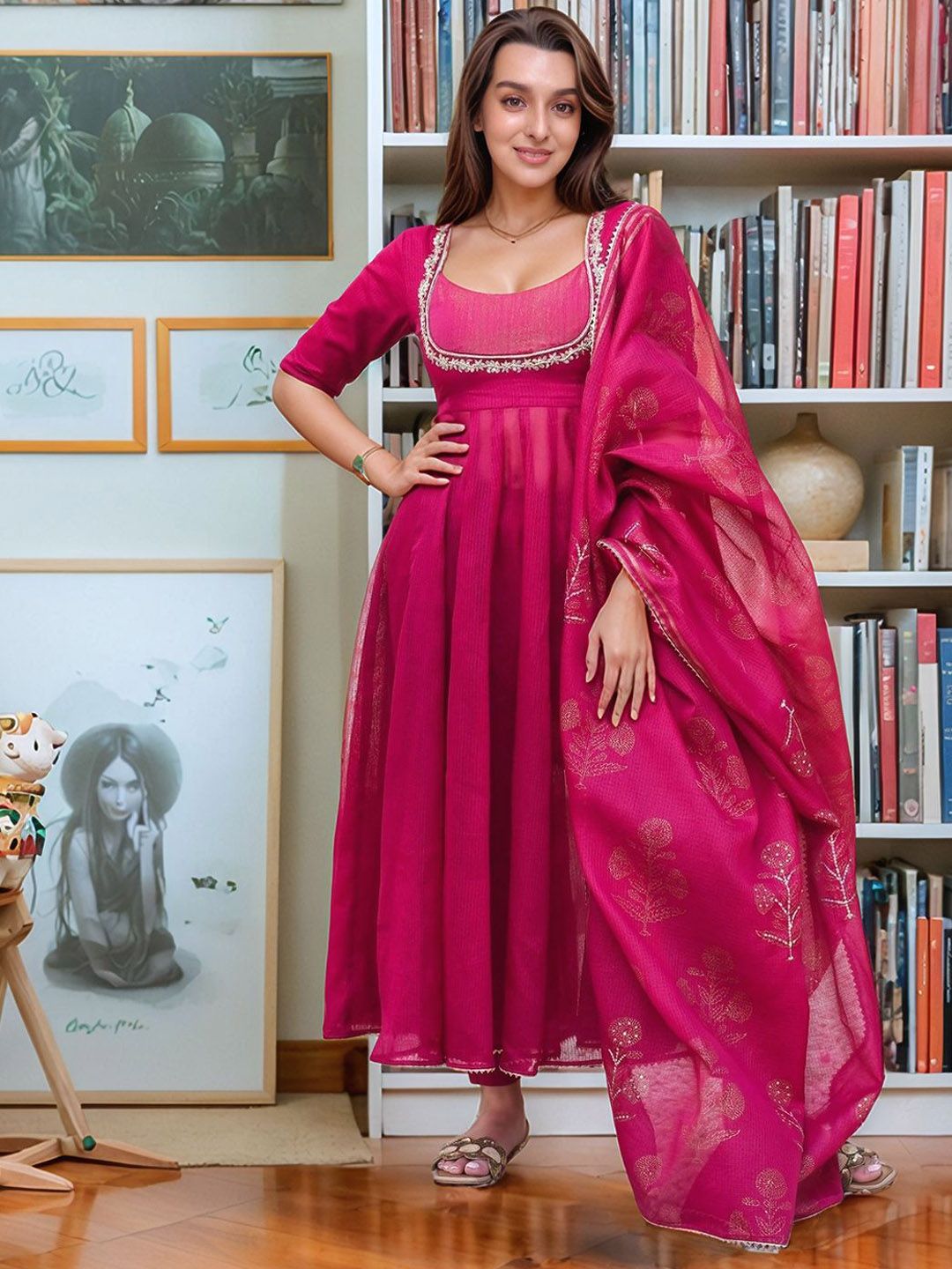 GoSriKi Women Embroidered Regular Sequinned Kurta with Trousers & With Dupatta