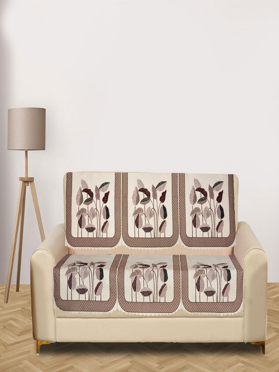 Myntra Elegant Homes Cream-Coloured & Brown 3 Seater Printed Velvet Sofa Cover-image-33